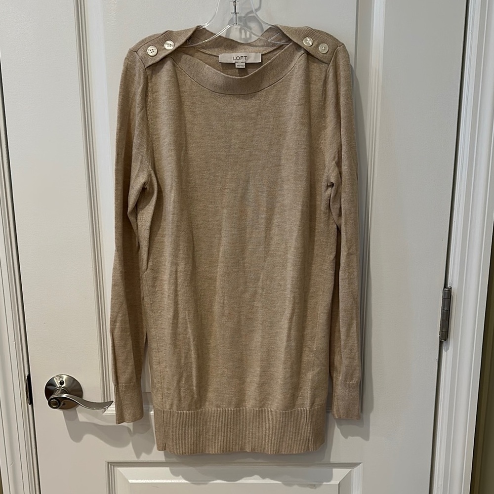 LOFT Tan Crew Neck Sweater with Shoulder Detail